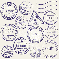 Vector set of vintage postage stamps from countries all over the world. Grunge style. - 223711909