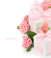 Festive composition of flowers and gifts