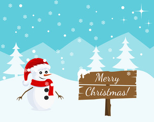 Happy New Year and Merry Christmas day landscape card design with snowman bear. Winter scene