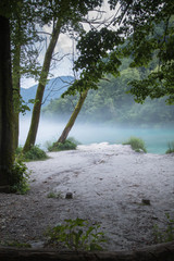 misty confluence of Soca and Tolminka river in Slovenia