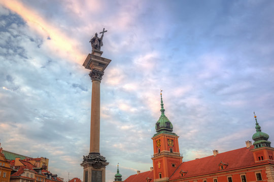 King Sigismunds Column in Warsaw city at sunset, Poland