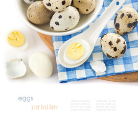 raw and cooked quail eggs in a plate