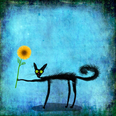 Black Yellow  Eyed Cat Holding Yellow Flower