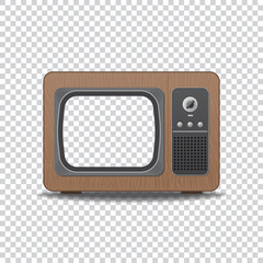 Fototapeta premium Old vintage TV-set. Realistic retro tube TV with wooden texture and shadows. Empty, blank screen with transparency for inserting image. Template for television.