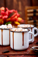 Hot chocolate with marshmallow candies on wooden background.