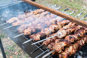 Frying pork on a skewer over a brazier. Turning meat over coals. Appetizing shish kebab. Delicious barbecue.