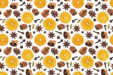 Seamless pattern of christmas spices for decoration. Ingredients for mulled wine isolated on white background. Cinnamon sticks, dried oranges, allspice, star anise.