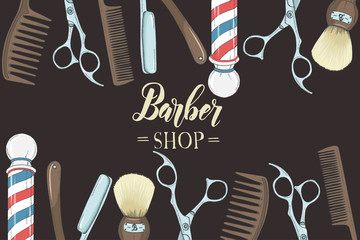 Hand drawn Barber Shop background  with doodle razor, scissors, shaving brush,  comb, classic barber shop Pole. Sketch. Lettering. Vector illustration. For flyer, brochure. Advertising