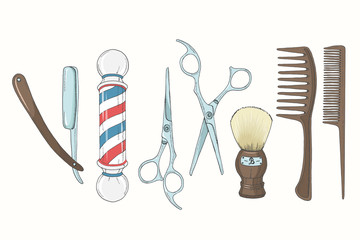 Vintage Hand drawn Barber Shop set in sketch style. Razor, scissors, shaving brush,  comb, classic barber shop Pole. Vector illustration