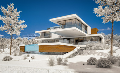 3d rendering of modern cozy house by the river with garage. Cool winter day with shiny white snow. For sale or rent with beautiful mountains on background