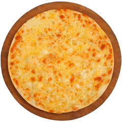 pizza on a wooden tray on a white background
