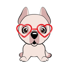 Card of a Valentine s Day. Pug Dog in a striped cardigan, in a fun pink heart glasses. Vector illustration.