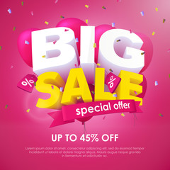 Big Sale banner template design. Special offer, up to 45% off. End of season special offer banner. 3d inscription and balloons on a pink background. Sale poster for the promo. Vector Illustration