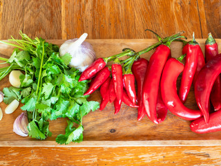 top view of Ajika ingredient on wooden table