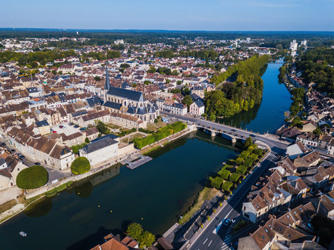 Aerial photography of the bank of Loing river in Nemours city