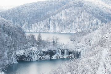 Beautiful Waterfalls Lakes and Snowy Winter Forest Plitvice Lakes National Park Croatia
