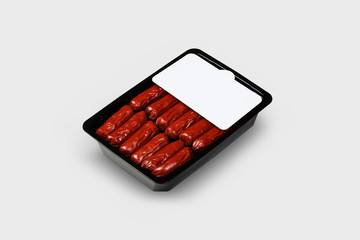 smoked sausage in a package for mockup on a white background.You can easily change the logo to brand