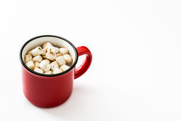 Christmas cocoa with marshmallow in mug isolated on white background. Copyspace