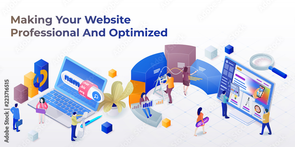 Poster web page design template for web studio in the modern 3d isometric style. purchase of a domain name.