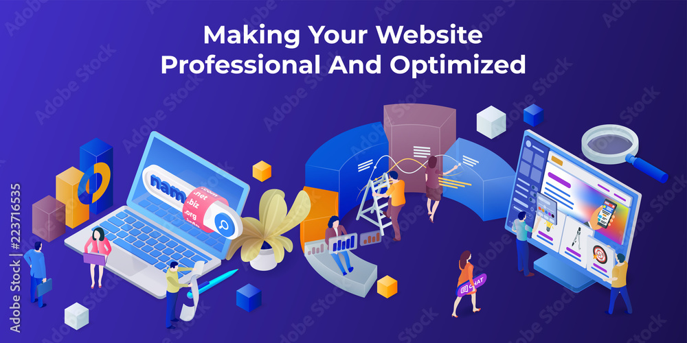 Fototapete template for the landing page and slider in the modern 3d isometric style. purchase of a domain name
