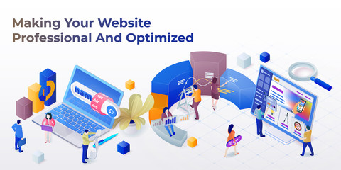 Web page design template for web studio in the modern 3d isometric style. Purchase of a domain name. Development of sites and mobile app. Search engine optimization and analytics. Vector illustration