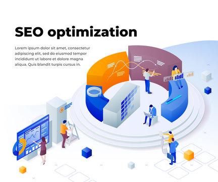 Search engine optimization and analytics. Promoting business on the Internet. Template in 3d isometric style. People work in a team and achieve the goal. Consulting for company performance.