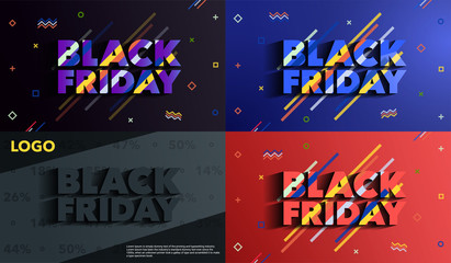Black Friday. Sale and discounts banners. Background with colored lines. A set of banners templates in flat trendy memphis geometric style. An inscription with a long shadow. Vector illustration.