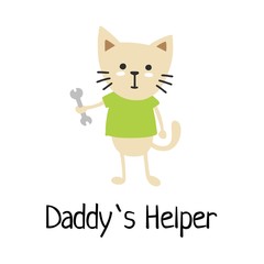 Daddy`s helper little cat kid in t-shirt. Cute flat vector cartoon illustration card