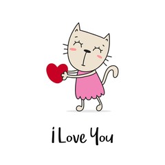 Cute kitty presents red heart. I love you flat vector cartoon greeting card