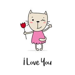 Cute kitty with red tulip flower. I love you flat vector cartoon greeting card