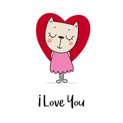 Cute kitty with big red heart. I love you flat vector cartoon greeting card