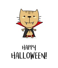 Happy Halloween greeting card with vampire cat. Flat vector animal cartoon illustration
