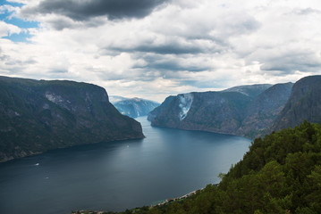Fototapeta na wymiar view of sea and Aurlandsfjord from Stegastein viewpoint, Aurland, Norway