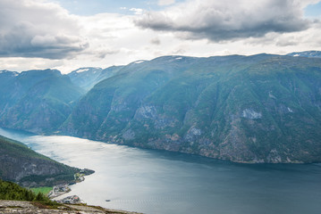 Obraz premium majestic landscape with sea and Aurlandsfjord from Stegastein viewpoint, Aurland, Norway