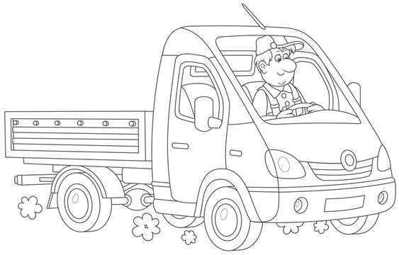 Driver in his small fast truck, black and white vector illustration in a cartoon style