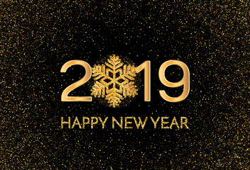 New Year 2019 greeting card. 2019 golden New Year sign with golden snowflake and glitter on dark background. Illustration of happy new year 2019.