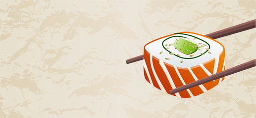 Smoked salmon classic sushi roll piece vector with chopsticks isolated on light textured background with blank copy space. Useful for sushi bar restaurant menu flyer, voucher, gift coupon, banner