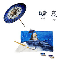 Watercolor japanese blue illustration with hyeroglyphs