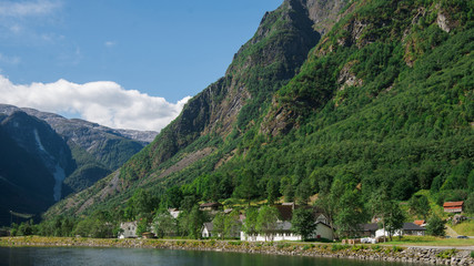 Fototapeta premium lake and green mountains in Gudvangen, Neirofjord, Norway