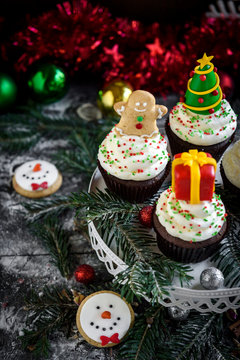 Christmas decoration with cup cakes,selective focus
