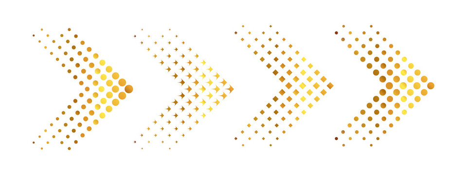 Set of gold arrows with halftone effect. Vector illustration