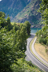 Aerial view of winding road, green trees and beautiful mountains, Aurlandsfjord, Flam (Aurlandsfjorden), Norway