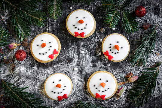 Snowman cookies on the Christmas decoration,selective focus