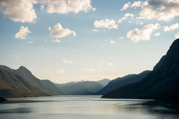 beautiful tranquil landscape at Gjende lake, Besseggen ridge, Jotunheimen National Park, Norway