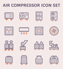 Air conditioner icon i.e. air compressor, condenser unit, ventilation, duct, cooling tower and chiller. That is a part of HVAC system to remove heat and moisture, temperature and humidity control.