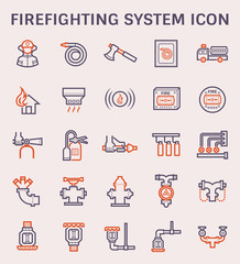 Firefighting system, equipment vector icon i.e. alarm, sprinkler, hose, extinguisher, firefighter or fireman for emergency, rescue, fire suppression by water, chemical. To safety, protection building.