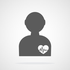 Gray silhouette of human with heart and sign heartbeat. Vector illustration. Medical symbol in flat design