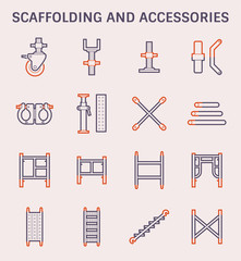 Scaffolding icon also called scaffold or staging. Temporary structure to support work in construction, maintenance and repair of building. Consist of wheel or caster, platform, ladder and frame etc.