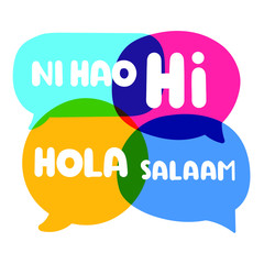 Speech bubbles Ni hao, hi, hola, salaam discuss, social network or bilingual translation concept. Vector business illustration on white background.