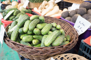 Fresh vegetables on stands of market in autumn